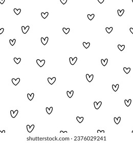 Black and white doodle hearts seamless pattern for kids. Hand drawn romantic background in outline. Great for coloring page. Vector illustration