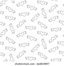 Black and white doodle hearts with wings seamless vector pattern