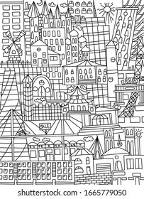 Black an white doodle with houses of different cultures and attractions.
Line art. Vector illustration.