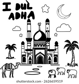 Black and white doodle icon vector illustration of Eid al-Adha, Hajj holiday, Islamic celebration of sacrifice Eid al-Adha