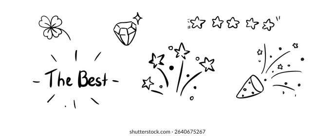 Black and white doodle icons with joyful elements like stars and confetti. Expresses celebration and success. Perfect for congratulations themed graphics.