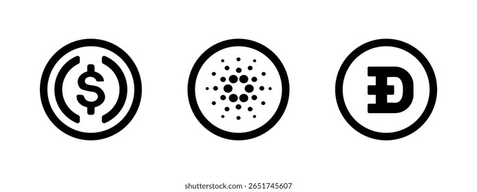 Ícones pretos e brancos do doodle de USD Coin, Cardano, e Dogecoin. Vetor de contorno desenhado à mão definido em estilo mínimo. Ótimo para aplicativos de criptografia, painéis fintech, IU, infográficos e educação.