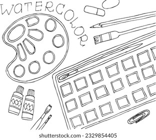 black and white doodle illustration of the artist's objects, watercolor