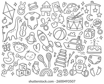 Black and white doodle illustration with baby toys and childhood elements. Vector illustrations on a white background. Perfect for kids products, coloring pages, and nursery designs.