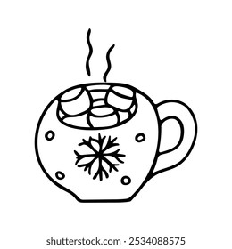 Black and white Doodle illustration of a blue cocoa mug with marshmallows. A Christmas drink. A hot drink.