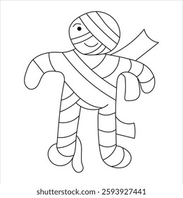 Black and white doodle illustration of a cute cartoon-style mummy wrapped in bandages. Simple hand-drawn outline sketch isolated on a white background