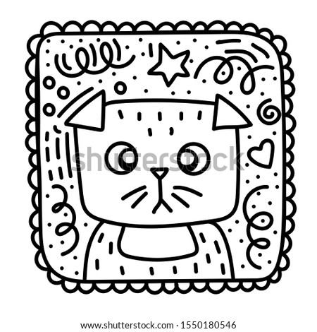black and white doodle illustration of a cute scotish fold cat in a frame