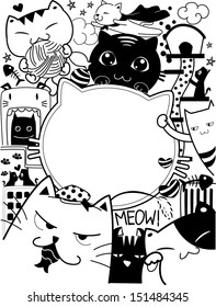 Black and White Doodle Illustration Featuring Cute Cat Antics