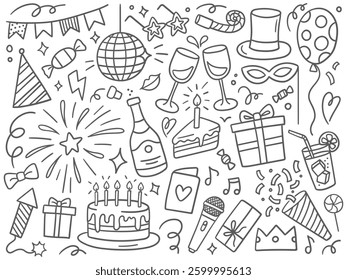 Black and white doodle illustration with festive elements. Vector illustrations on a white background. Perfect for parties, celebrations, and special events design.