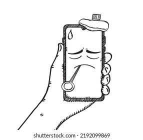 Black and white doodle illustration of hand holding sick mobile phone with thermometer and sad face on screen.