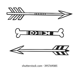 Black and White doodle illustration. Hipster black Ink art work. Cute boho vector illustration. Hand Drawn tribal arrows