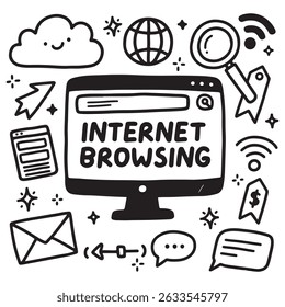 Black and white doodle illustration of internet browsing with icons like a computer monitor, globe, magnifying glass, cloud, email, and chat bubbles.