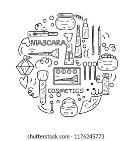 Black and white doodle illustration with lots of cosmetics and make up onjects