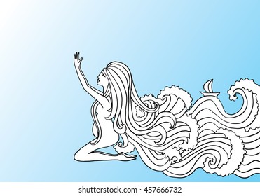 Black and white doodle illustration on blue gradient background. Pregnant woman praying.