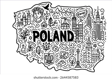 Black and white doodle illustration of Poland filled with iconic landmarks and cultural elements. Includes pierogi, mountains, traditional woman in flower crown, Warsaw Palace of Culture, cable car