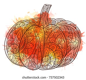 Black and white doodle illustration of pumpkin with a boho pattern and watercolor splashes. Vector element for your creativity.