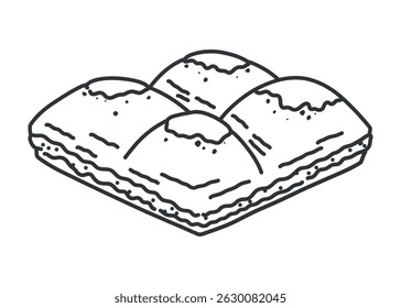 Ilustração de rabiscar preto e branco de pistache baklava turco. Sobremesa em camadas oriental tradicional na arte da linha. Esboço de massa doce desenhado à mão isolado no branco.