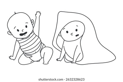Black and white doodle illustration of two newborn babies, one wrapped in a blanket and one sitting in a diaper. Minimalist hand drawn characters isolated on white background.