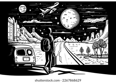 black and white doodle illustration of wanderlust with a person looking towards the landscape