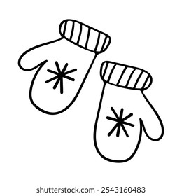 Black and white doodle illustration of winter white mittens with a snowflake on a white background.