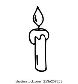 Black and white Doodle illustration of a yellow Christmas candle on a white background.