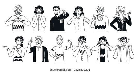 Black And White Doodle Illustrations Of Diverse Characters Conveying A Wide Range Of Emotions and Facial Expression