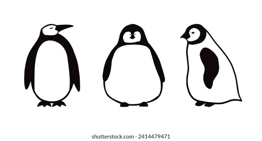 Black and white doodle illustrations of penguins. Pinguin icon, pinguin cartoon.