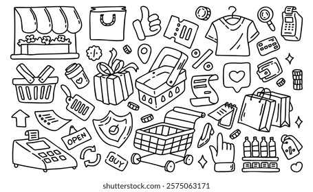 Black and white doodle illustrations of shopping and retail elements. Outline style composition featuring store, cart, bags, and icons. E-commerce and retail concept