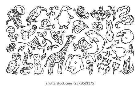 Black and white doodle illustrations of various animals, plants, and natural elements. Outline style composition featuring wildlife and flora. Nature and biodiversity concept.