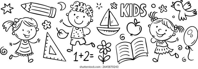 Black and white doodle kids horizontal border