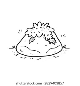 A black and white doodle of a large rock covered in a patch of moss or lichen resting on the ground.