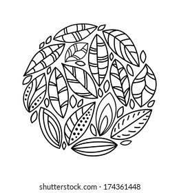 Black and white doodle leaves circle composition, vector