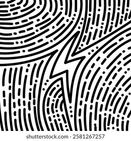 Black and white doodle of lightning bolt for sticker, postcard, wallpaper, mural, fabric, prints, etc