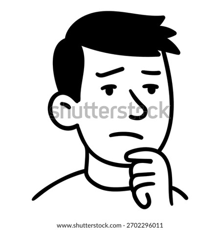 Black and white doodle of a man with a concerned face, touching his cheek with his hand. Isolated on transparent background. Stock vector illustration in doodle style.