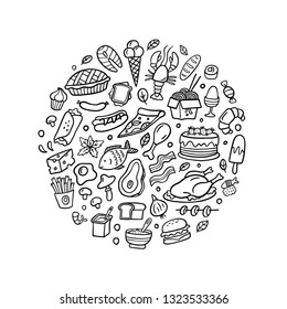 Black and white doodle meat, fish, vegetables and dishes icons set. Vector hand-drawn illustration. Fresh food art is good for site, menu, flyer or banner.