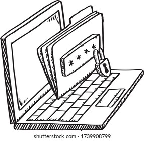 Black and white doodle of notebook with file protected by password on screen. Hand drawn doodle vector illustration.
