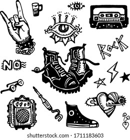 Black and white Doodle on the theme of rock music, set with shoes, eyes, glasses, music amplifier and other items, hand-drawn vector illustration