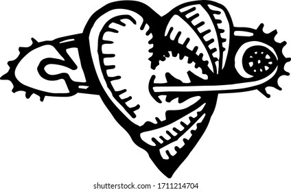 Black and white Doodle on the theme of rock music, heart pierced with a pin, hand-drawn vector illustration
