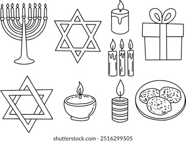 Black and white doodle outline illustration on the theme of Hanukkah with minimalist symbols. Includes a Menorah, Star of David, candles, a gift, and latkes. Can be used as a coloring page or for card