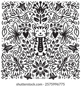 Black and white doodle pattern with cat, dragonfly, flowers and hearts. Hand drawn vector illustration.