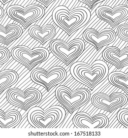 Black and white doodle pattern with hearts. Seamless vector background.