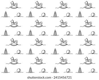 Black and white doodle pattern one line art of children's toys, rocking horse,pyramid,ball