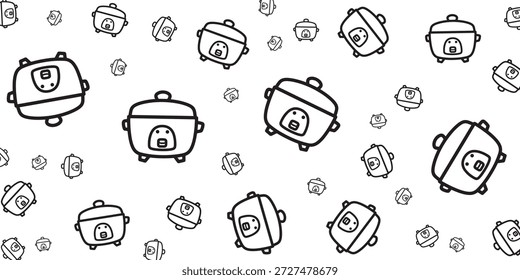 Um padrão de rabiscar preto e branco de vários tamanhos de panelas de arroz espalhadas por um fundo branco.