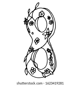 
Black and white doodle picture for the eighth of March. Eight-shaped flowers. Attribute Women's Day.