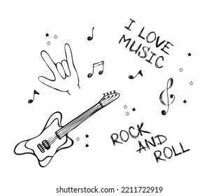 black and white doodle poster with musical notes, guitar, inscriptions I love music and rock and roll