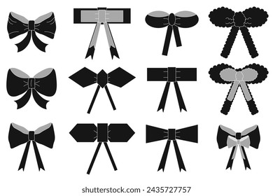 Black and white Doodle Present Bow with Ribbon set. Black Gift Bow isolated white background. Collection Birthday Ribbon in trendy flat style. Vector illustration EPS 10 Editable stroke.