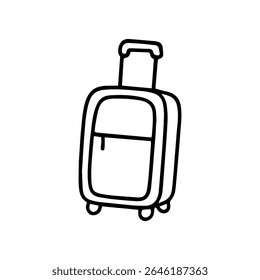 Un doodle en blanco y negro presenta una maleta de estilo simple, dibujada a mano. Cuenta con un mango retráctil y ruedas, perfecto para planificar viajes de vacaciones