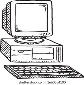 Black and white doodle of retro computer. Hand drawn doodle vector illustration.