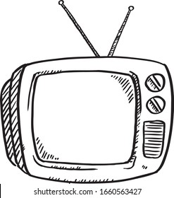 Black and white doodle of retro televion set. Hand drawn doodle vector illustration.
