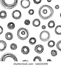 Black and white doodle rings and circles seamless pattern, vector